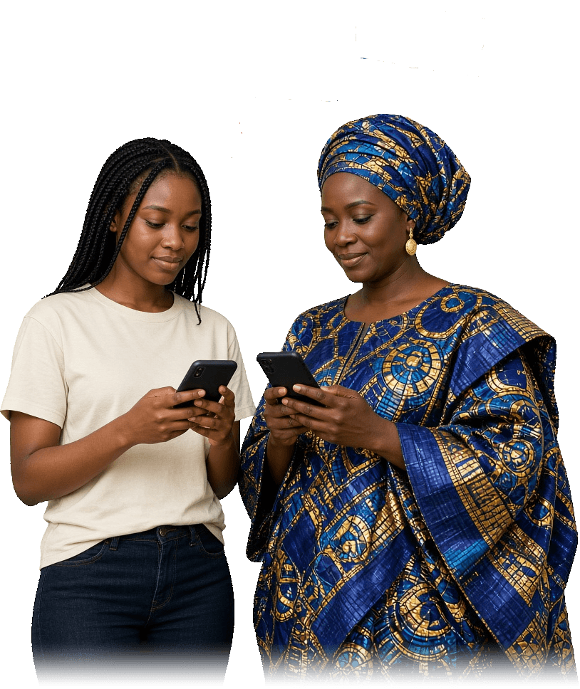 Une jeune femme en t-shirt et une femme en boubou sénégalais envoient une contribution depuis leur téléphone. Les mots VBG, Climat, Santé, Technologie, Justice et Autonomisation s'élèvent des écrans.
